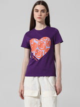 Women's Purple Knitted Casual Printed Regular Fit Half Sleeves Tshirt