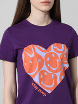 Women's Purple Knitted Casual Printed Regular Fit Half Sleeves Tshirt