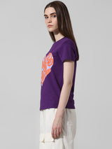 Women's Purple Knitted Casual Printed Regular Fit Half Sleeves Tshirt