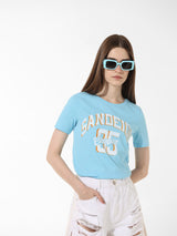 Women's Blue Knitted Casual Printed Regular Fit Half Sleeves Tshirt