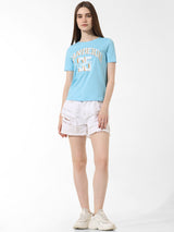 Women's Blue Knitted Casual Printed Regular Fit Half Sleeves Tshirt