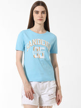 Women's Blue Knitted Casual Printed Regular Fit Half Sleeves Tshirt