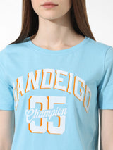 Women's Blue Knitted Casual Printed Regular Fit Half Sleeves Tshirt