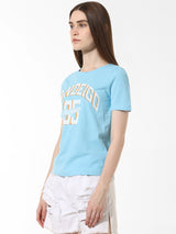 Women's Blue Knitted Casual Printed Regular Fit Half Sleeves Tshirt