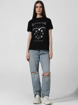 Women's Black Knitted Casual Printed Regular Fit Half Sleeves Tshirt