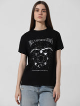 Women's Black Knitted Casual Printed Regular Fit Half Sleeves Tshirt
