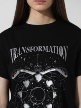 Women's Black Knitted Casual Printed Regular Fit Half Sleeves Tshirt