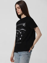 Women's Black Knitted Casual Printed Regular Fit Half Sleeves Tshirt