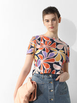 Women's Blue Knitted Casual Printed Cropped Half Sleeves Tshirt
