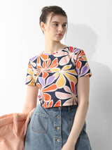 Women's Blue Knitted Casual Printed Cropped Half Sleeves Tshirt