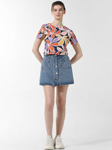 Women's Blue Knitted Casual Printed Cropped Half Sleeves Tshirt