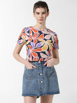 Women's Blue Knitted Casual Printed Cropped Half Sleeves Tshirt