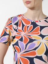 Women's Blue Knitted Casual Printed Cropped Half Sleeves Tshirt