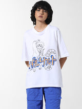 Women's White Knitted Casual Printed Regular Fit Half Sleeves Tshirt