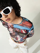 Women's Black Knitted Casual Printed Cropped Full Sleeves Tshirt