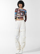 Women's Black Knitted Casual Printed Cropped Full Sleeves Tshirt