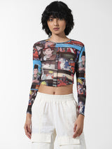 Women's Black Knitted Casual Printed Cropped Full Sleeves Tshirt