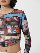 Women's Black Knitted Casual Printed Cropped Full Sleeves Tshirt