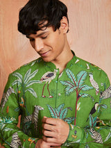 Men's Green Cotton Tropical & Animal Printed Kurta