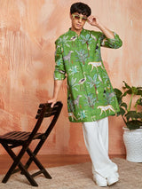 Men's Green Cotton Tropical & Animal Printed Kurta