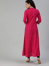 Women's Pink White Printed A-Line Kurta with Mirror Work