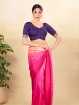 Women's Purple Silk Padded Front Open Elbow Sleeves Saree Blouse