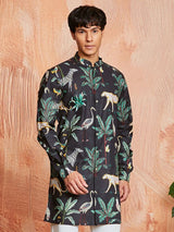 Men's Black Cotton Tropical & Animal Printed Kurta