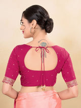 Women's Pink Silk Padded Front Open Elbow Sleeves Saree Blouse