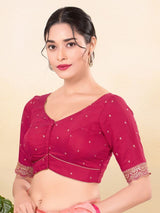 Women's Pink Silk Padded Front Open Elbow Sleeves Saree Blouse