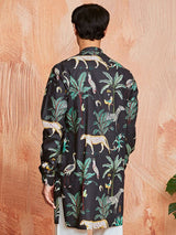 Men's Black Cotton Tropical & Animal Printed Kurta