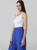 Women's White Knitted Casual Solid Cropped Sleeveless Top