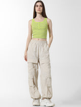 Women's Green Knitted Casual Striped Cropped Sleeveless Top
