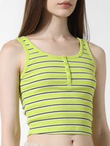 Women's Green Knitted Casual Striped Cropped Sleeveless Top