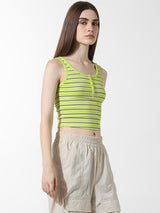 Women's Green Knitted Casual Striped Cropped Sleeveless Top