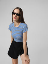 Women's Blue Knitted Casual Striped Cropped Half Sleeves Tshirt