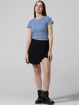 Women's Blue Knitted Casual Striped Cropped Half Sleeves Tshirt