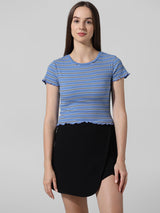 Women's Blue Knitted Casual Striped Cropped Half Sleeves Tshirt