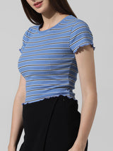 Women's Blue Knitted Casual Striped Cropped Half Sleeves Tshirt