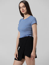 Women's Blue Knitted Casual Striped Cropped Half Sleeves Tshirt