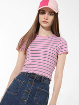 Women's Pink Knitted Casual Striped Cropped Half Sleeves Tshirt
