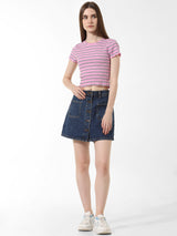 Women's Pink Knitted Casual Striped Cropped Half Sleeves Tshirt