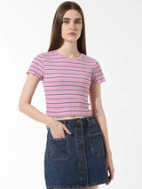 Women's Pink Knitted Casual Striped Cropped Half Sleeves Tshirt