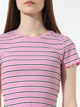 Women's Pink Knitted Casual Striped Cropped Half Sleeves Tshirt
