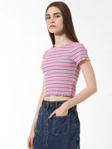 Women's Pink Knitted Casual Striped Cropped Half Sleeves Tshirt