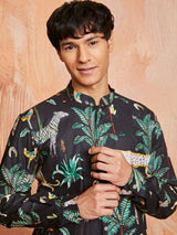 Men's Black Cotton Tropical & Animal Printed Kurta