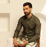 Men's Green Cotton Daman Print Long Kurta with Krochet Embroidery