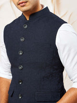 Men's Navy Suiting Fabric Embossed Work Full Sleeves Nehru Jacket