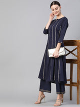 Women's Blue Ethnic Three Quarter Sleeves Kurta with Palazzo