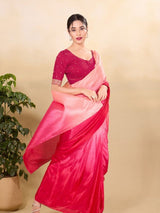 Women's Pink Silk Padded Front Open Elbow Sleeves Saree Blouse