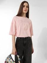 Women's Pink Knitted Casual Printed Cropped Half Sleeves Tshirt